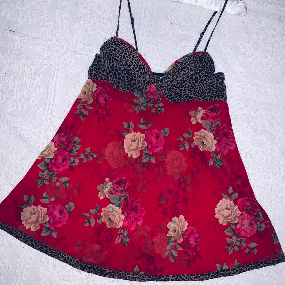 Vintage Y2K Red Leopard Floral Slip Dress Lingerie